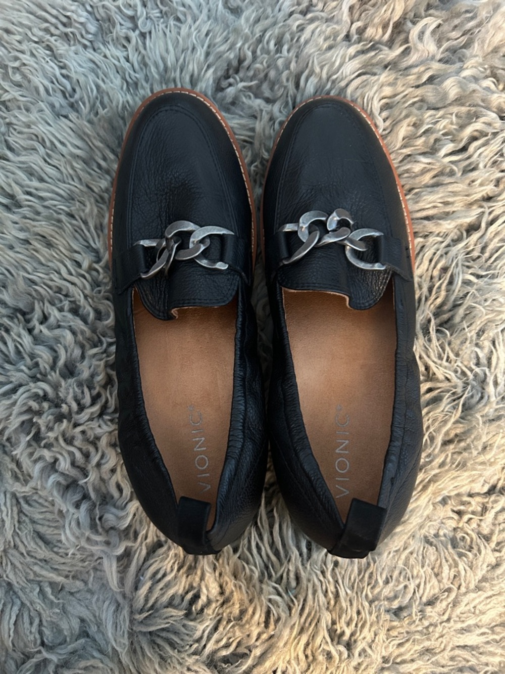 Vionic Black Leather Loafers with Silver Chain Accent